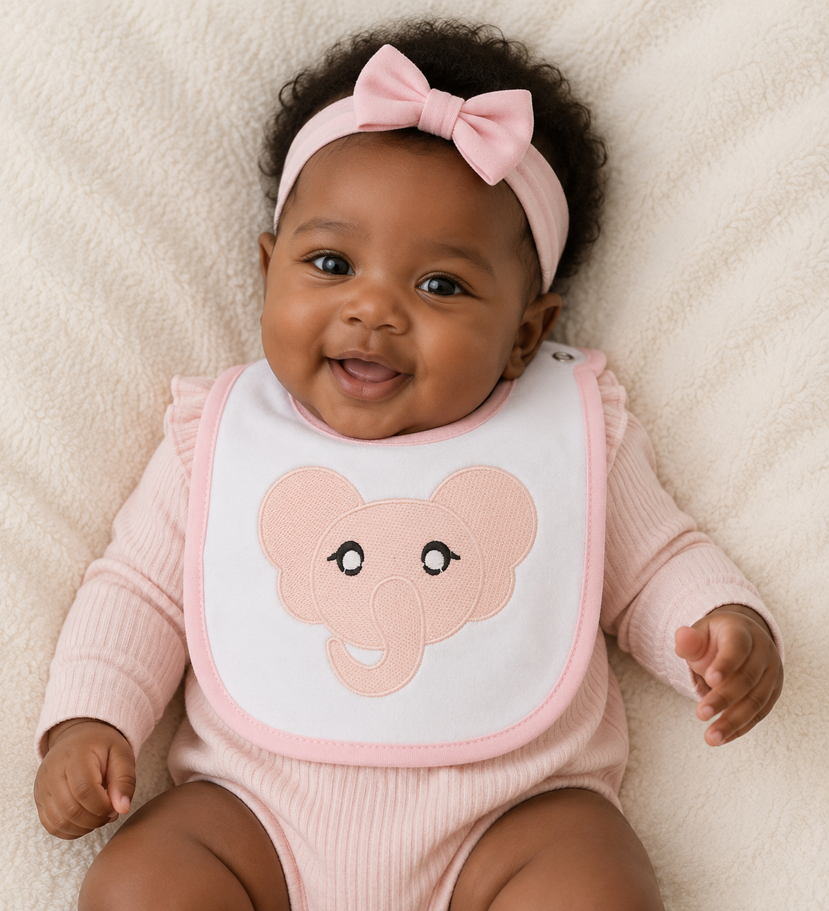 Baby Girl wearing pink elephant BibEasy Bib
