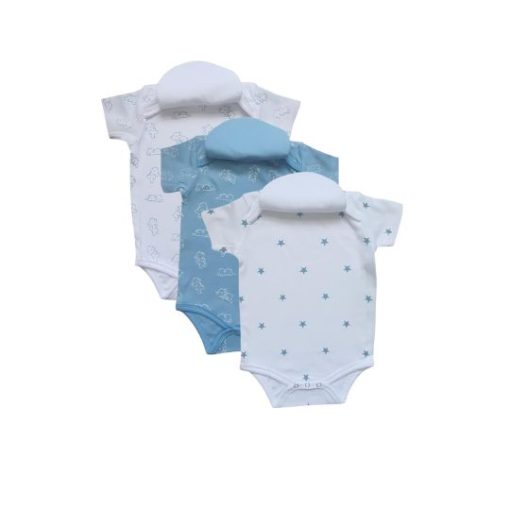 3pk Cotton Elephant Short Sleeve Bodysuits Blue White Baby Boy Girl Dribble Catcher Sensitive skin 0-36 months | BibEasy Bibs