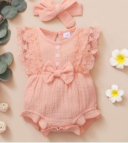 Peach Lace Romper 0 3 mths Girl