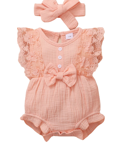 Peach Lace Romper 0-12 mths Baby Girl 100% Cotton